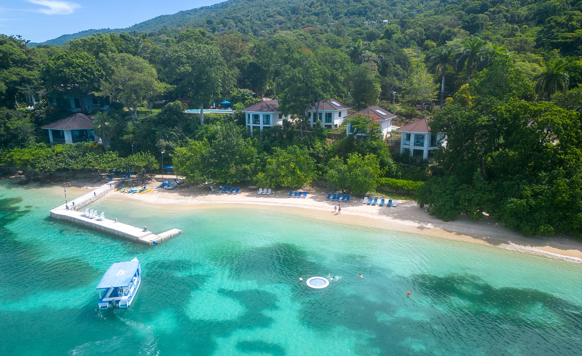 An aerial view of the villas, beach and bay at Bluefields Bay Villas